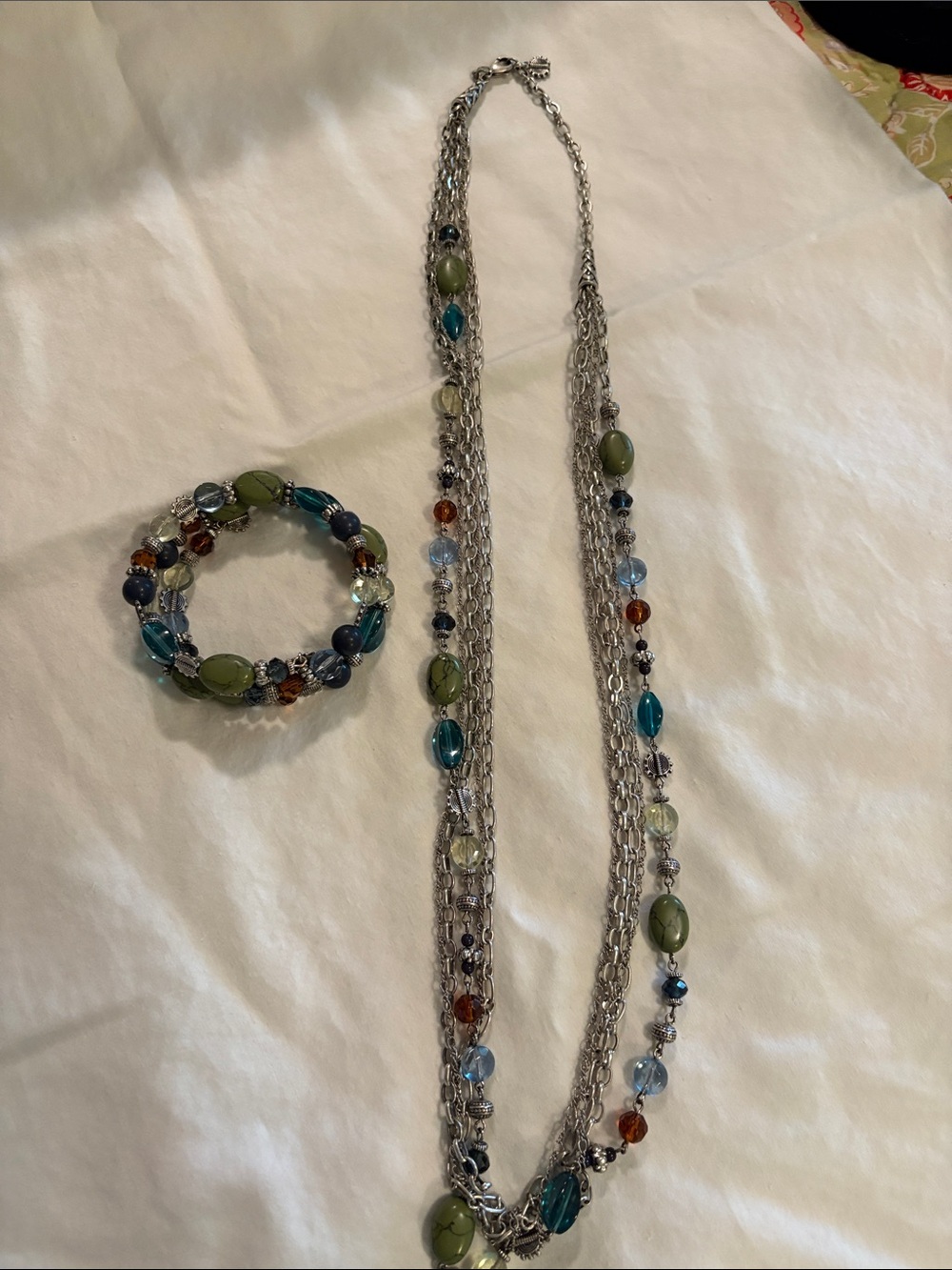 Multi-Strand Beaded Necklace and Bracelet Set - Green & Blue